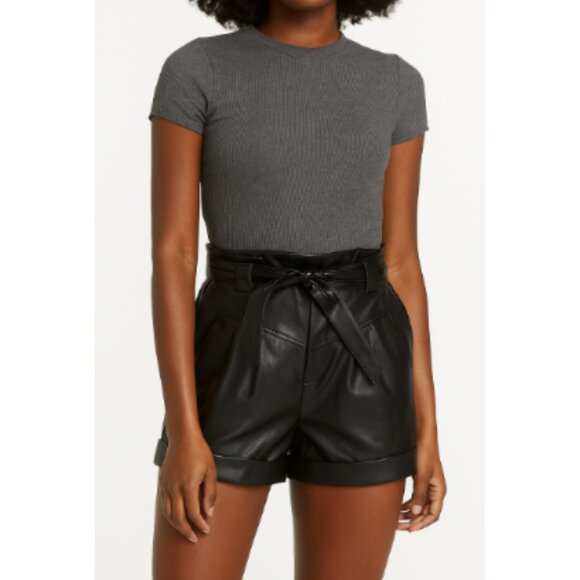 Faux Leather Ultra High Rise Paperbag Belted Black Shorts Size Medium NWOT - Picture 2 of 9